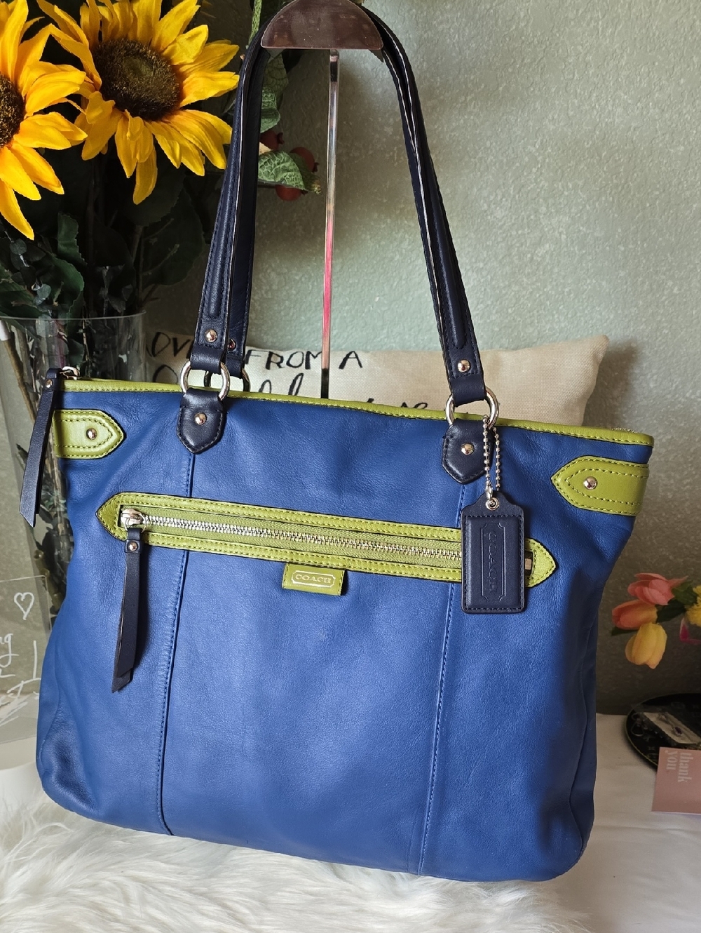 Coach Daisy Spectator Blue Leather Tote with Lime Trim and Navy Blue Handles